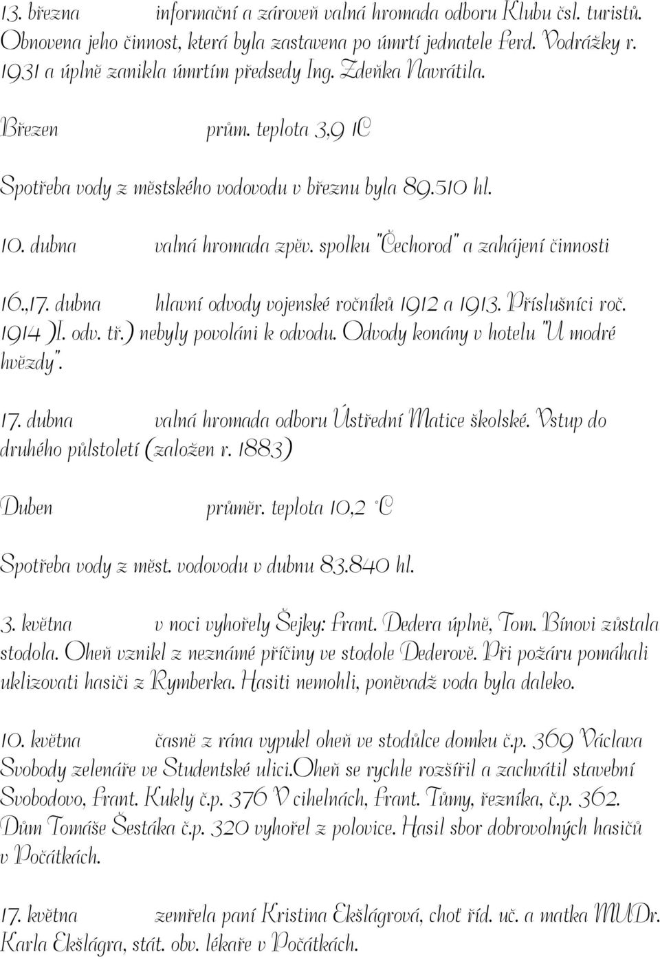 dubna hlavní odvody vojenské ročníků 1912 a 1913. Příslušníci roč. 1914 )I. odv. tř.) nebyly povoláni k odvodu. Odvody konány v hotelu "U modré hvězdy". 17.