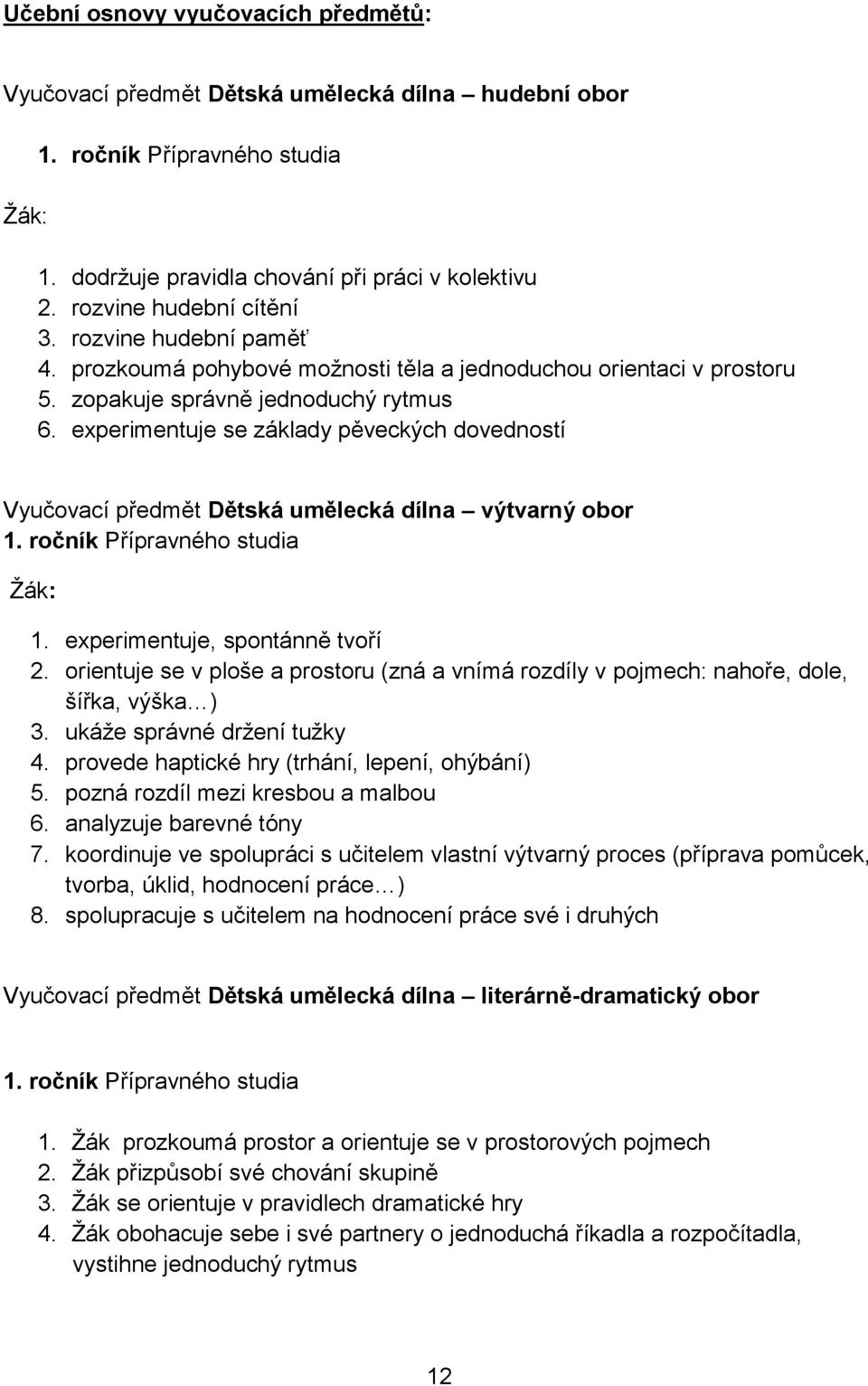 experimentuje se základy pěveckých dovedností Vyučovací předmět Dětská umělecká dílna výtvarný obor 1. Přípravného studia 1. experimentuje, spontánně tvoří 2.