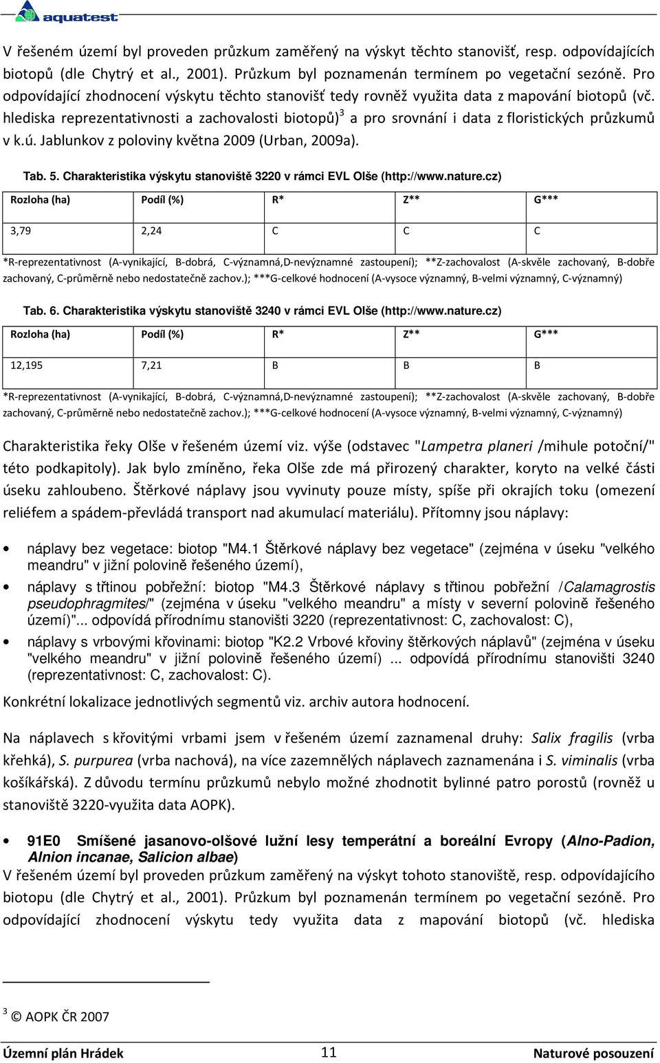 hlediska reprezentativnosti a zachovalosti biotopů) 3 a pro srovnání i data z floristických průzkumů v k.ú. Jablunkov z poloviny května 2009 (Urban, 2009a). Tab. 5.