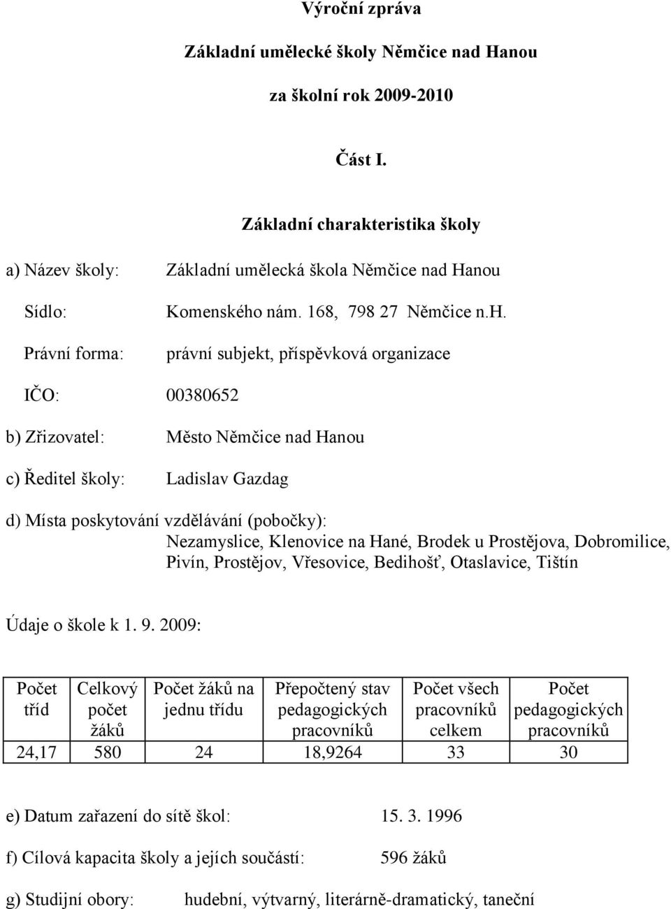 rakteristika školy a) Název školy: Základní umělecká škola Němčice nad Hanou Sídlo: Právní forma: Komenského