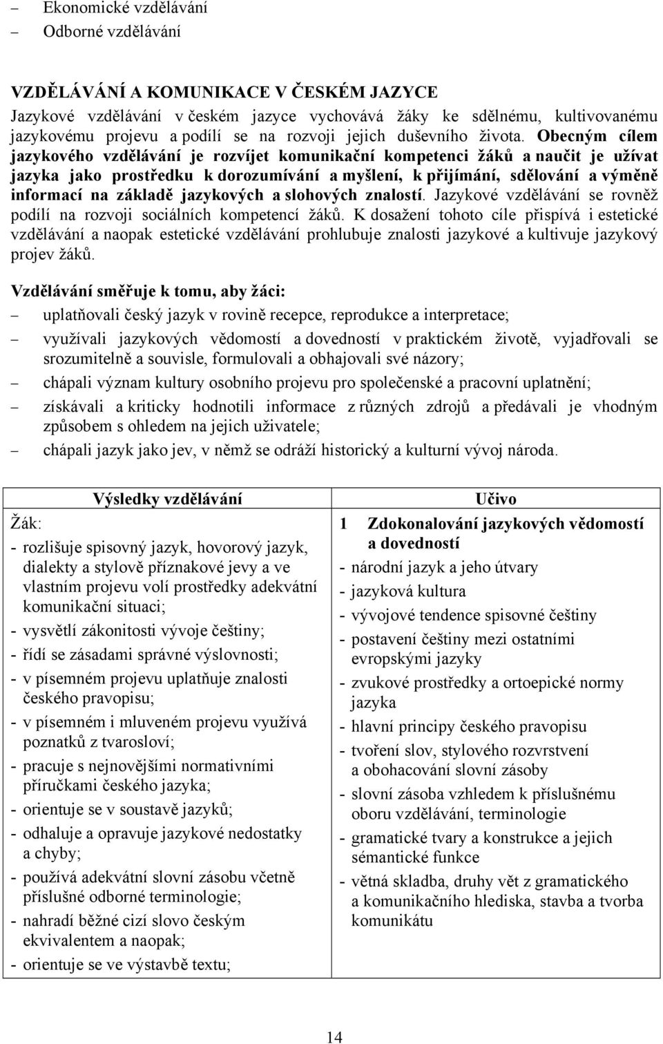 Obecným cílem jazykového vzdělávání je rozvíjet komunikační kompetenci žáků a naučit je užívat jazyka jako prostředku k dorozumívání a myšlení, k přijímání, sdělování a výměně informací na základě