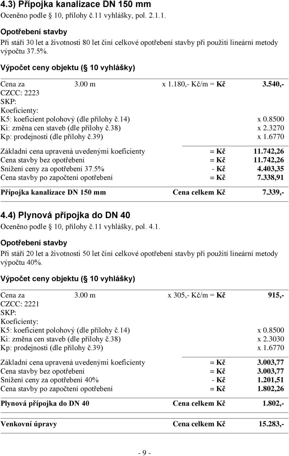 3270 Kp: prodejnosti (dle přílohy č.39) x 1.6770 Základní cena upravená uvedenými koeficienty = Kč 11.742,26 Cena stavby bez opotřebení = Kč 11.742,26 Snížení ceny za opotřebení 37.5% - Kč 4.