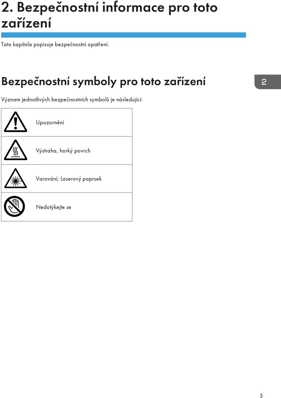 Bezpečnostní symboly pro toto zařízení Význam jednotlivých