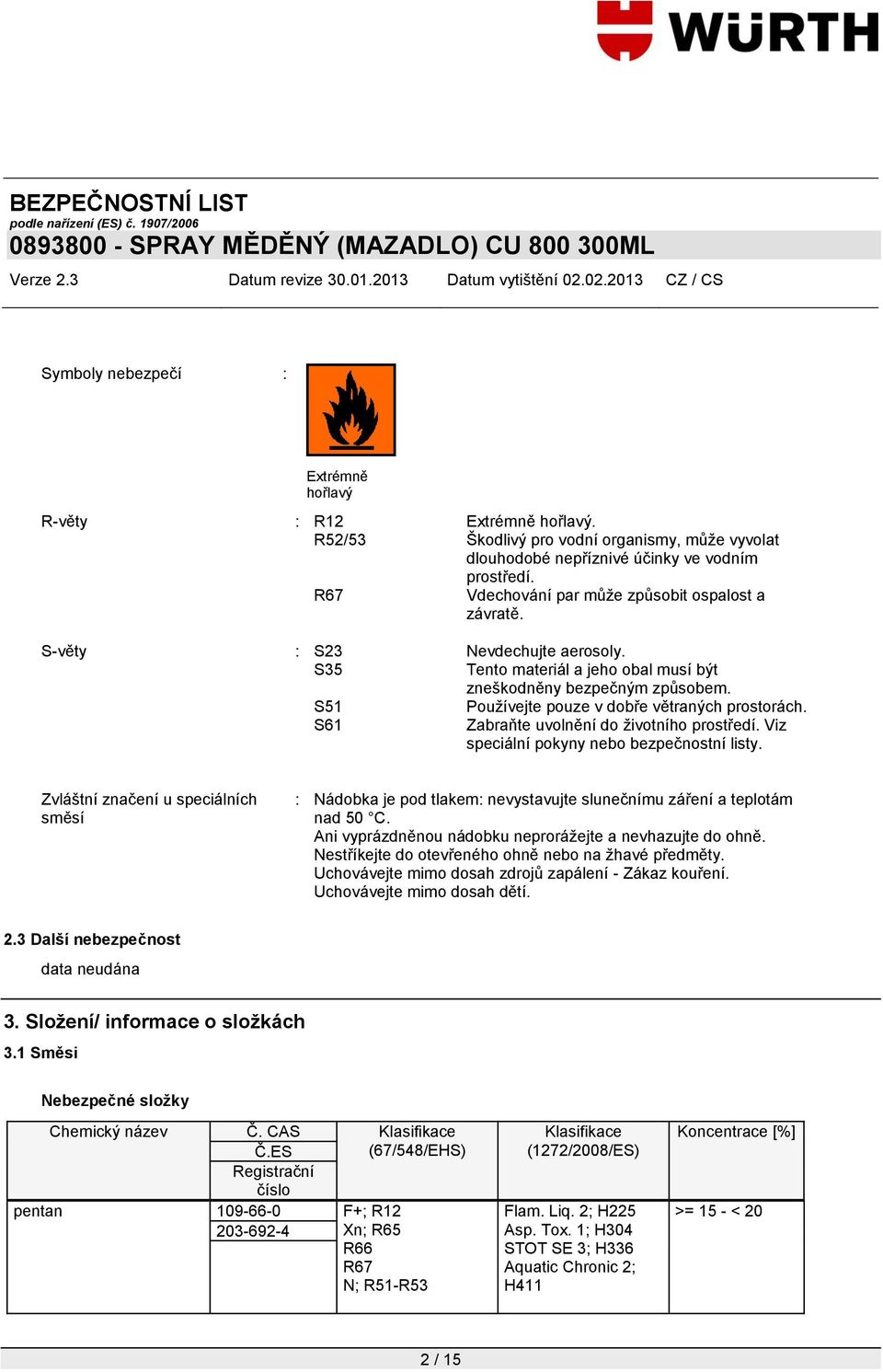 S51 Používejte pouze v dobře větraných prostorách. S61 Zabraňte uvolnění do životního prostředí. Viz speciální pokyny nebo bezpečnostní listy.