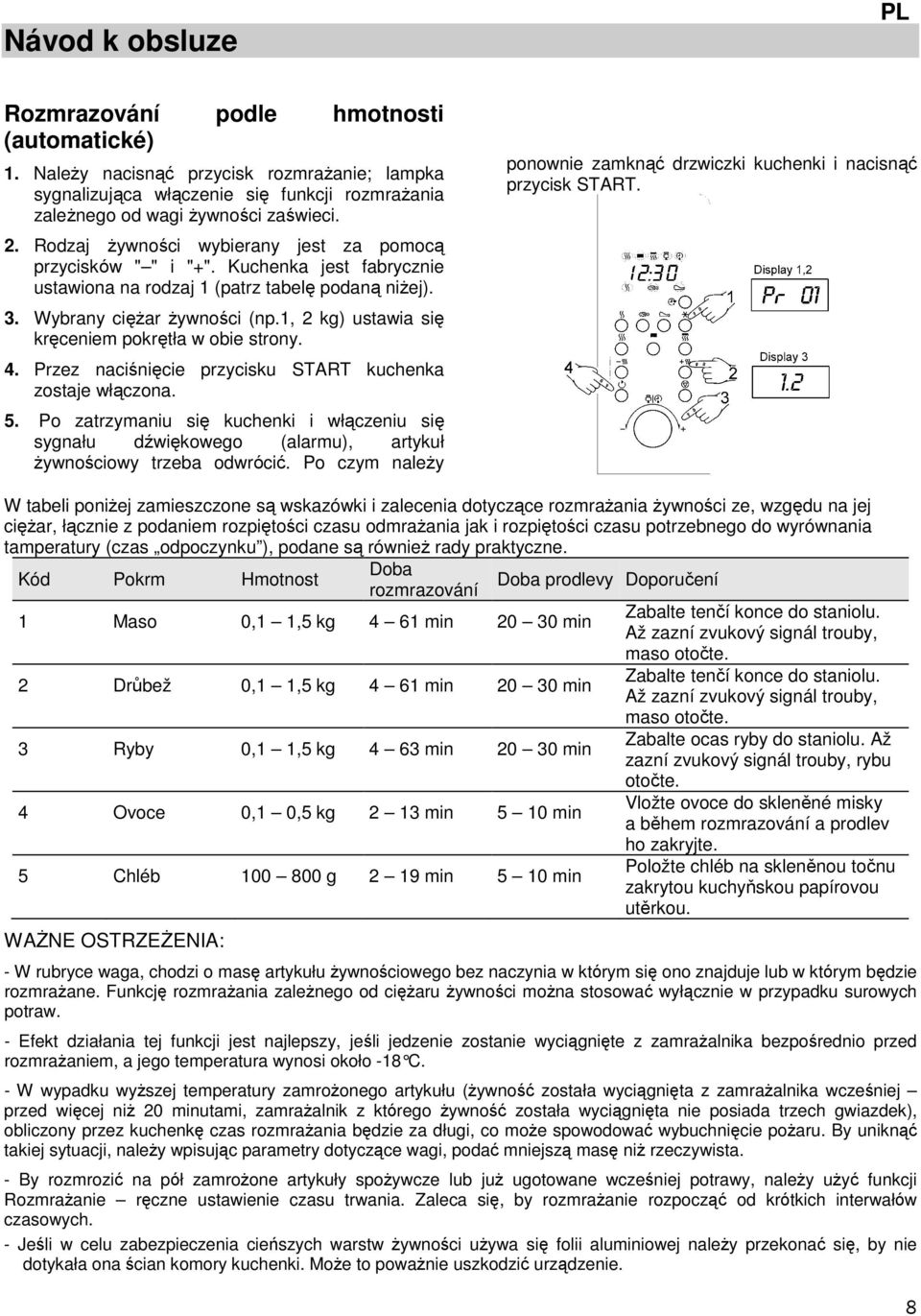 1, 2 kg) ustawia się kręceniem pokrętła w obie strony. 4. Przez naciśnięcie przycisku START kuchenka zostaje włączona. 5.