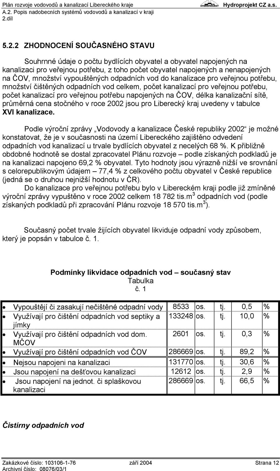 délka kanalizační sítě, průměrná cena stočného v roce 2002 jsou pro Liberecký kraj uvedeny v tabulce XVI kanalizace.