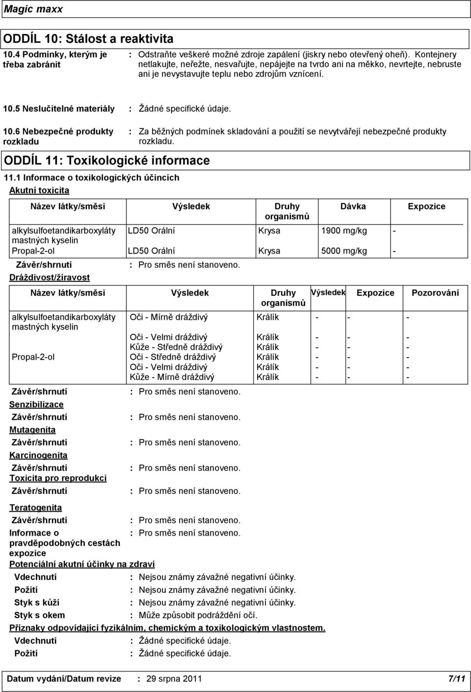 10.6 Nebezpečné produkty rozkladu ODDÍL 11 Toxikologické informace 11.1 Informace o toxikologických účincích Akutní toxicita Pro směs není stanoveno. Informace o Pro směs není stanoveno.