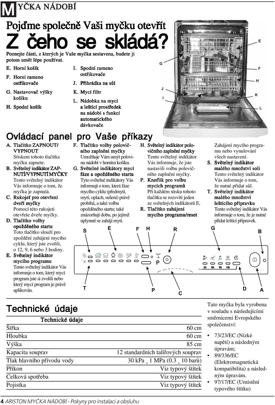 Nádobka na mycí a leštící prostředek na nádobí s funkcí automatického dávkovače Ovládací panel pro Vaše příkazy A. Tlačítko ZAPNOUT/ VYPNOUT Stiskem tohoto tlačítka myčku zapnete. B.