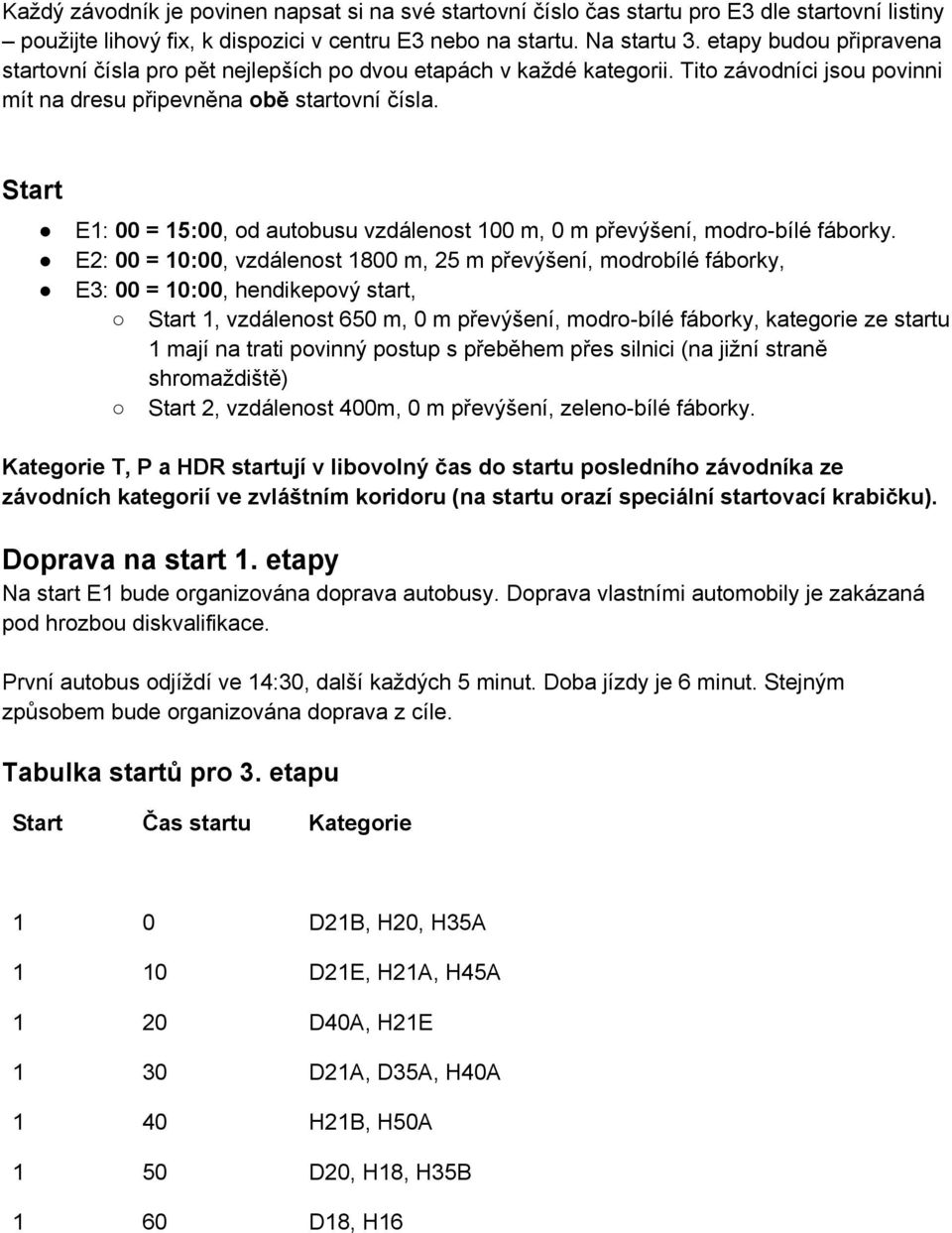 Start E1: 00 = 15:00, od autobusu vzdálenost 100 m, 0 m převýšení, modro-bílé fáborky.