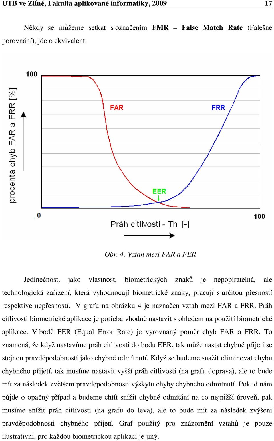 nepřesností. V grafu na obrázku 4 je naznačen vztah mezi FAR a FRR. Práh citlivosti biometrické aplikace je potřeba vhodně nastavit s ohledem na použití biometrické aplikace.