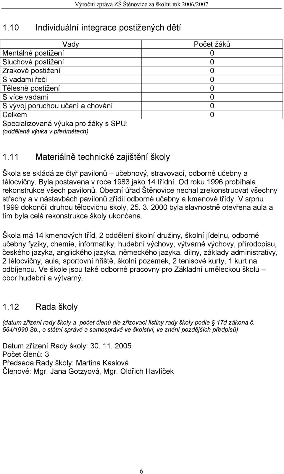 11 Materiálně technické zajištění školy Škola se skládá ze čtyř pavilonů učebnový, stravovací, odborné učebny a tělocvičny. Byla postavena v roce 1983 jako 14 třídní.