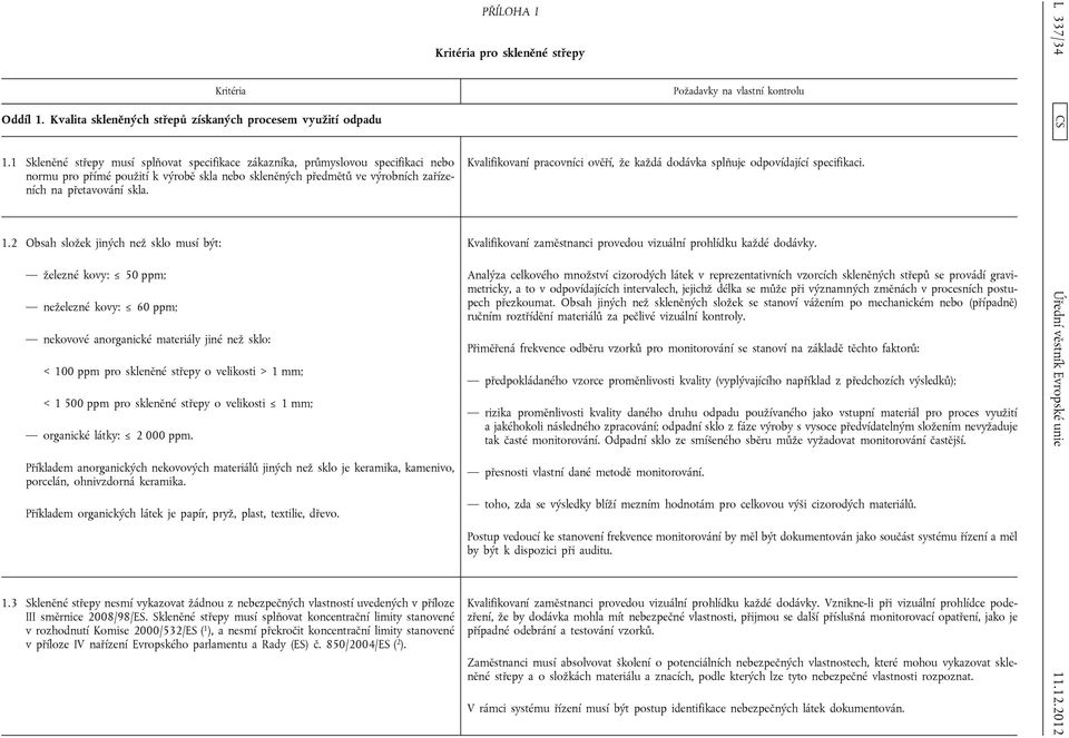 2 Obsah složek jiných než sklo musí být: železné kovy: 50 ppm; neželezné kovy: 60 ppm; nekovové anorganické materiály jiné než sklo: < 100 ppm pro skleněné střepy o velikosti > 1 mm; < 1 500 ppm pro