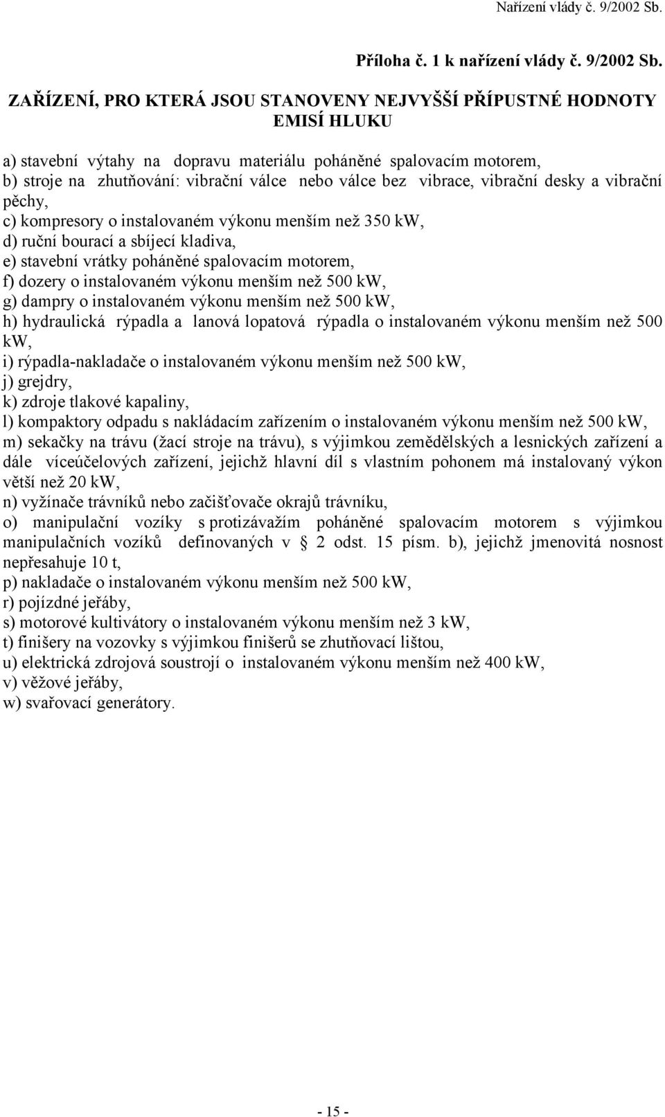 vibrace, vibrační desky a vibrační pěchy, c) kompresory o instalovaném výkonu menším než 350 kw, d) ruční bourací a sbíjecí kladiva, e) stavební vrátky poháněné spalovacím motorem, f) dozery o