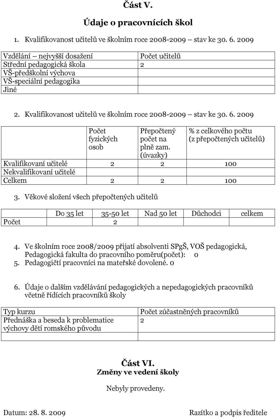 2009 fyzických osob Přepočtený počet na plně zam. (úvazky) % z celkového počtu (z přepočtených učitelů) Kvalifikovaní učitelé 2 2 100 Nekvalifikovaní učitelé Celkem 2 2 100 3.