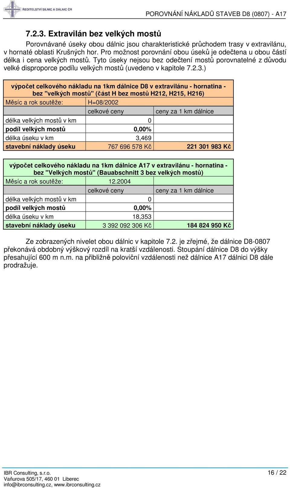 Tyto úseky nejsou bez odečtení mostů porovnatelné z důvodu velké disproporce podílu velkých mostů (uvedeno v kapitole 7.2.3.