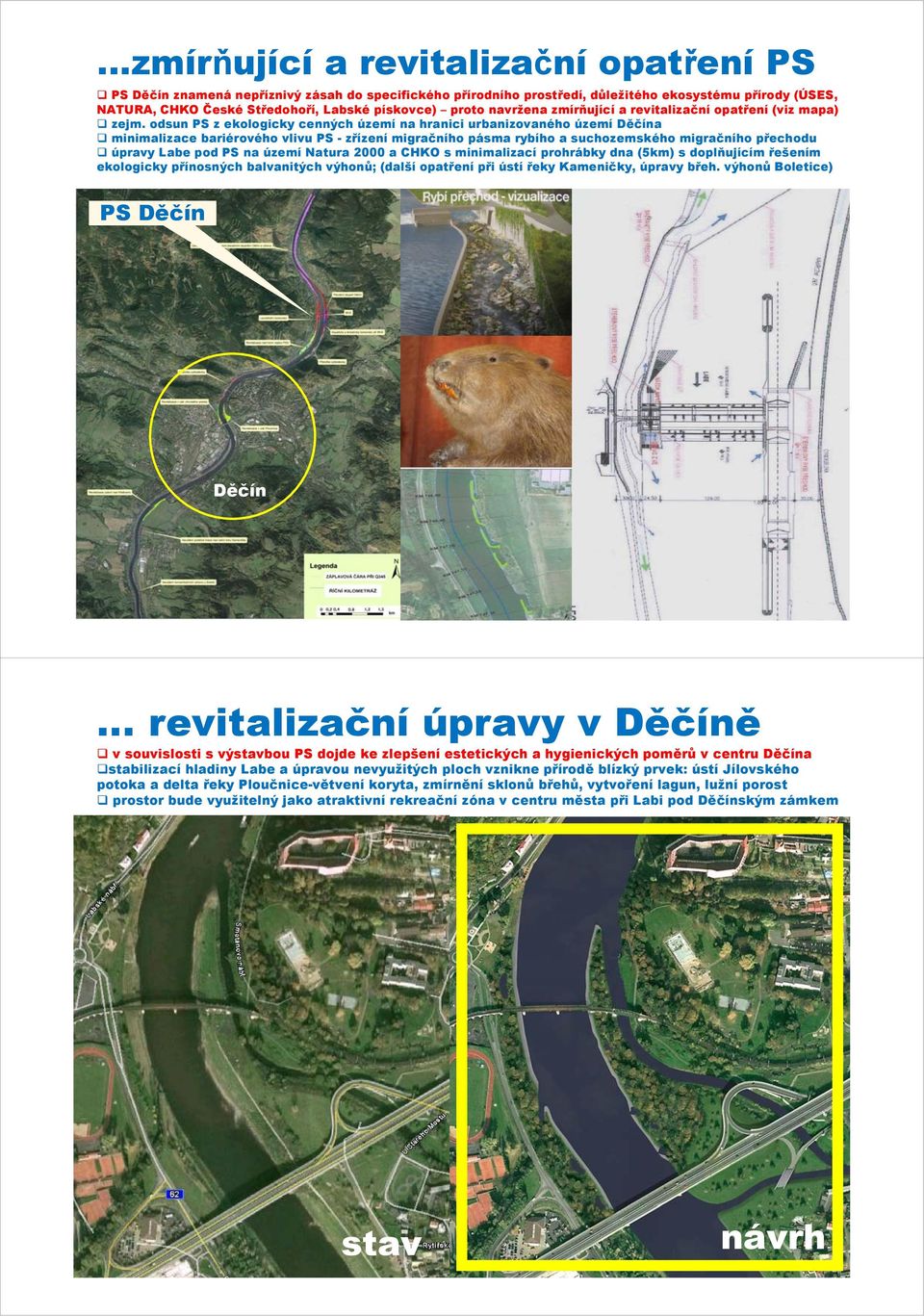 odsun PS z ekologicky cenných území na hranici urbanizovaného území Děčína minimalizace bariérového vlivu PS - zřízení migračního pásma rybího a suchozemského migračního přechodu úpravy Labe pod PS