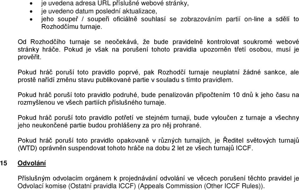 Pokud hráč poruší toto pravidlo poprvé, pak Rozhodčí turnaje neuplatní žádné sankce, ale prostě nařídí změnu stavu publikované partie v souladu s tímto pravidlem.