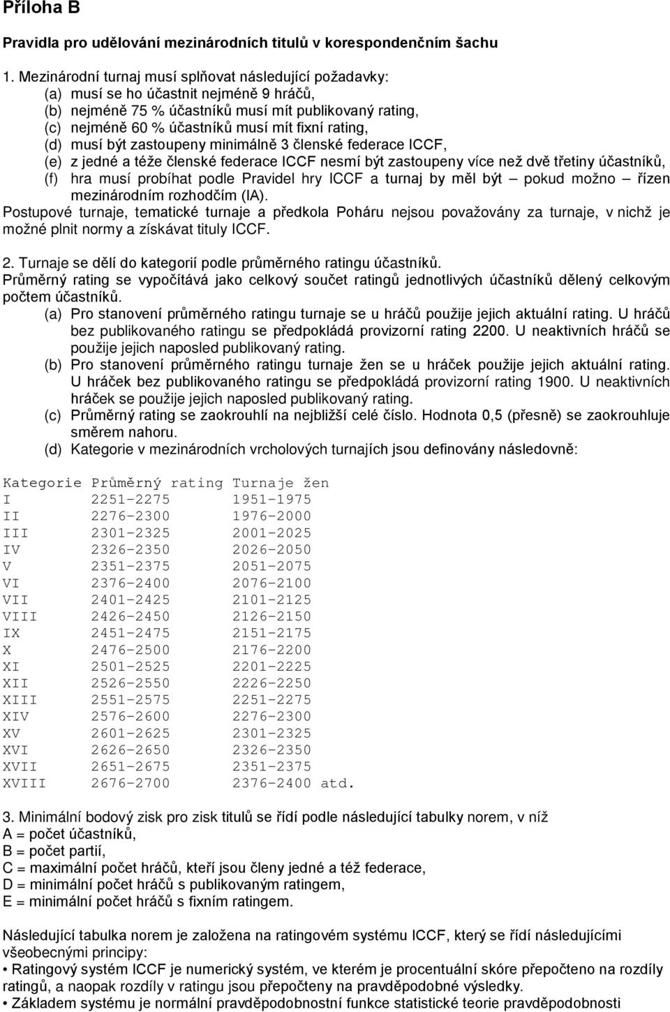 rating, (d) musí být zastoupeny minimálně 3 členské federace ICCF, (e) z jedné a téže členské federace ICCF nesmí být zastoupeny více než dvě třetiny účastníků, (f) hra musí probíhat podle Pravidel