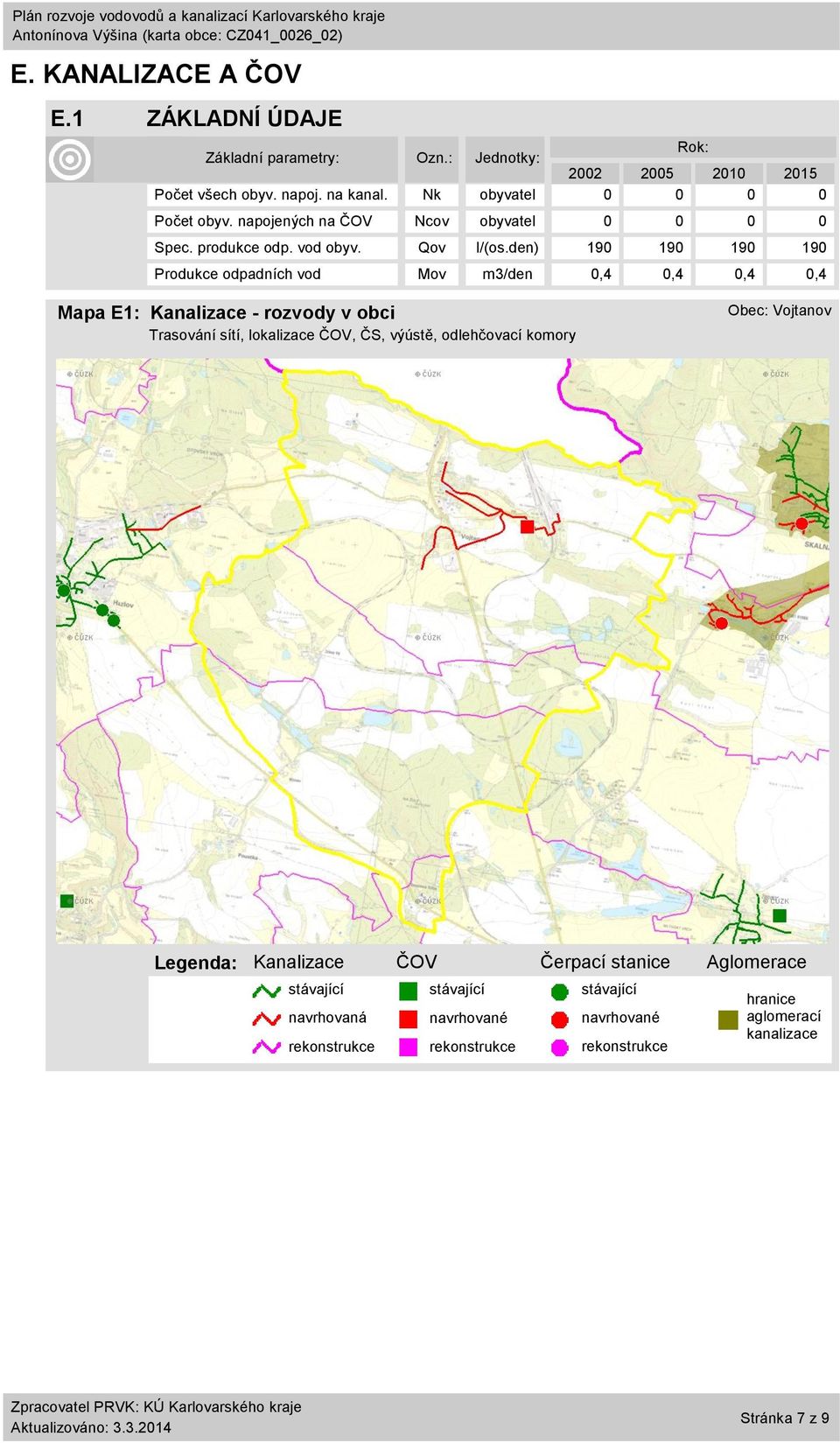 den) 9 9 9 9 Produkce odpadních vod Mov m3/den,4,4,4,4 Mapa E: Kanalizace - rozvody v obci Trasování sítí, lokalizace ČOV, ČS, výústě, odlehčovací