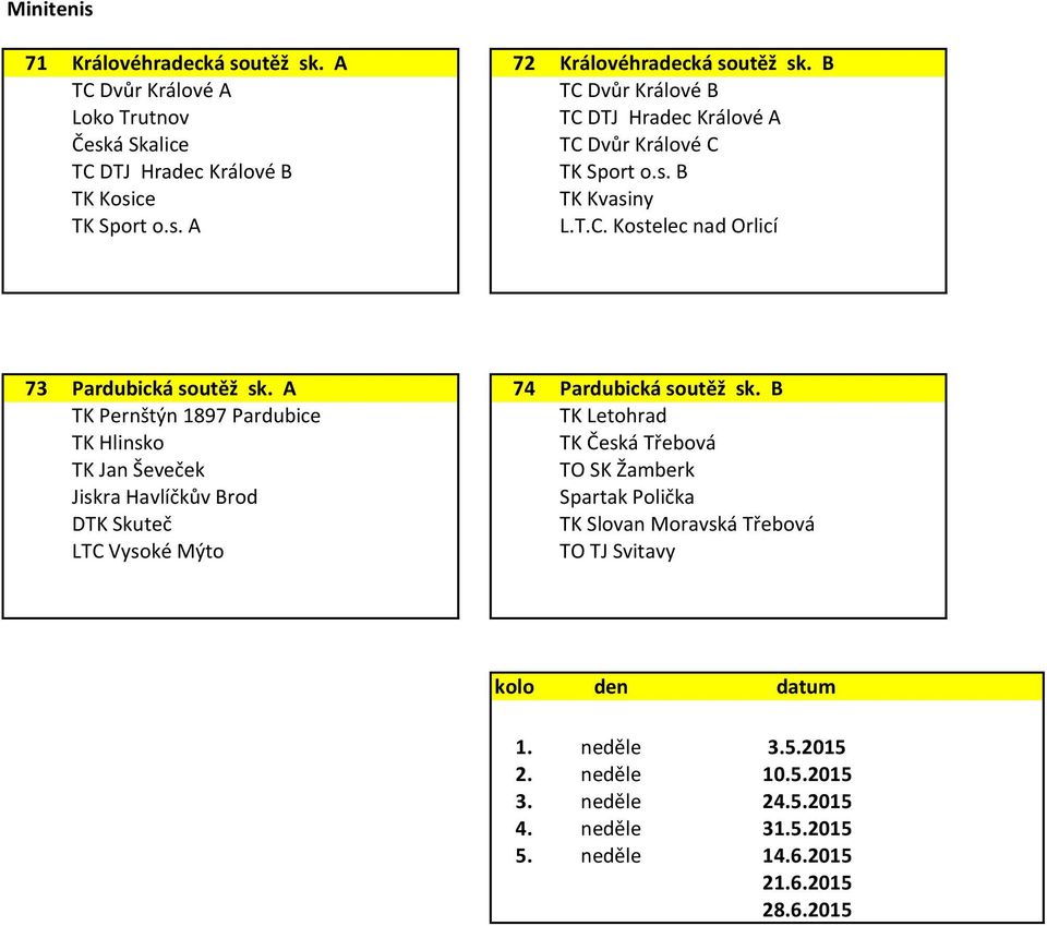 s. A L.T.C. Kostelec nad Orlicí 73 Pardubická soutěž sk. A 74 Pardubická soutěž sk.