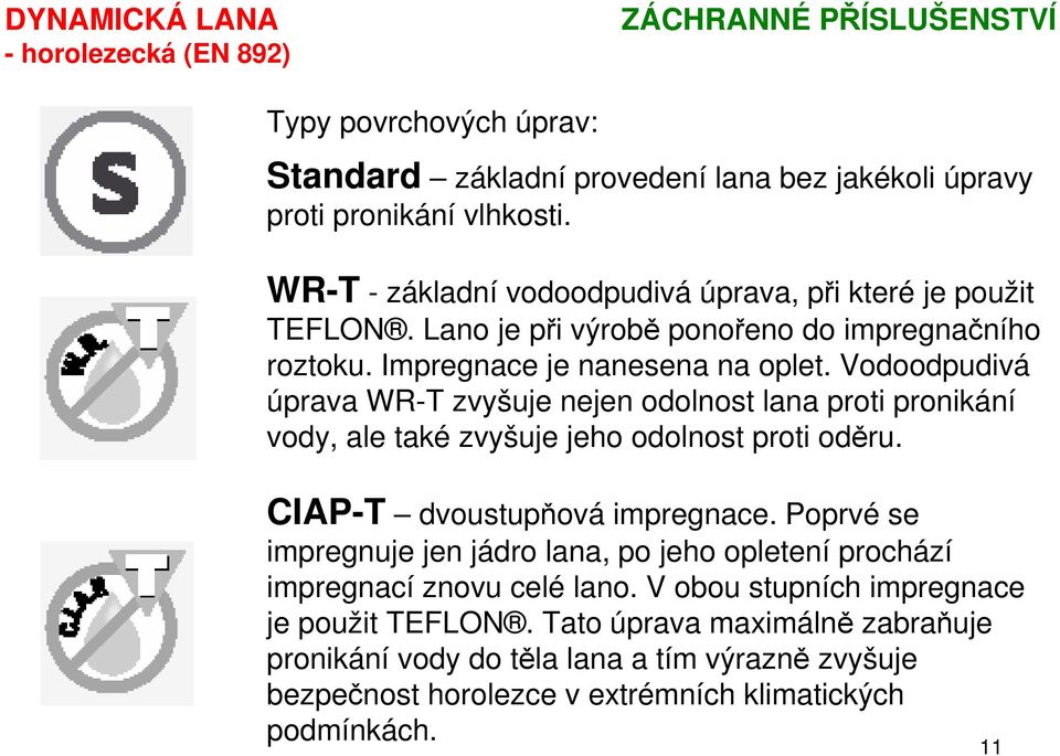 Vodoodpudivá úprava WR-T zvyšuje nejen odolnost lana proti pronikání vody, ale také zvyšuje jeho odolnost proti oděru. CIAP-T dvoustupňová impregnace.