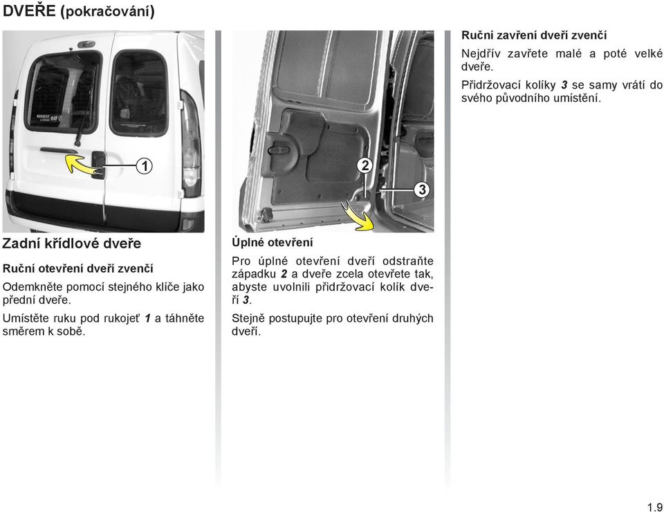 1 2 3 Zadní křídlové dveře Ruční otevření dveří zvenčí Odemkněte pomocí stejného klíče jako přední dveře.