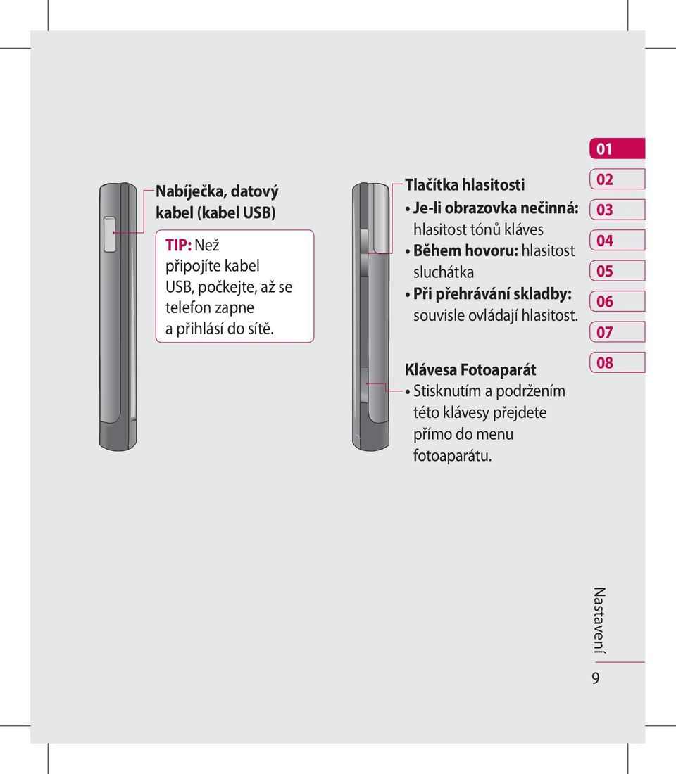 Tlačítka hlasitosti Je-li obrazovka nečinná: hlasitost tónů kláves Během hovoru: hlasitost