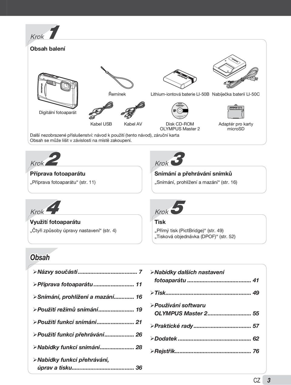 11) Krok 3 Snímání a přehrávání snímků Adaptér pro karty microsd Snímání, prohlížení a mazání (str. 16) Krok 4 Využití fotoaparátu Čtyři způsoby úpravy nastavení (str.