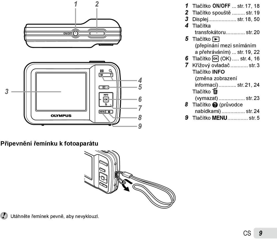 .. str. 21, 24 Tlačítko D (vymazat)... str. 23 8 Tlačítko E (průvodce nabídkami)... str. 24 9 Tlačítko m... str. 5 Připevnění řemínku k fotoaparátu Utáhněte řemínek pevně, aby nevyklouzl.