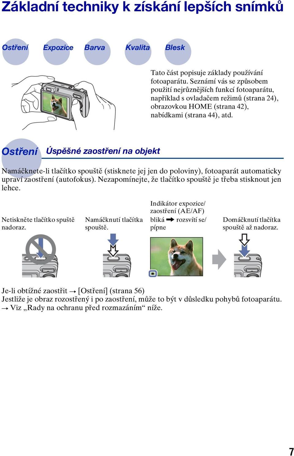 Ostření Úspěšné zaostření na objekt Namáčknete-li tlačítko spouště (stisknete jej jen do poloviny), fotoaparát automaticky upraví zaostření (autofokus).