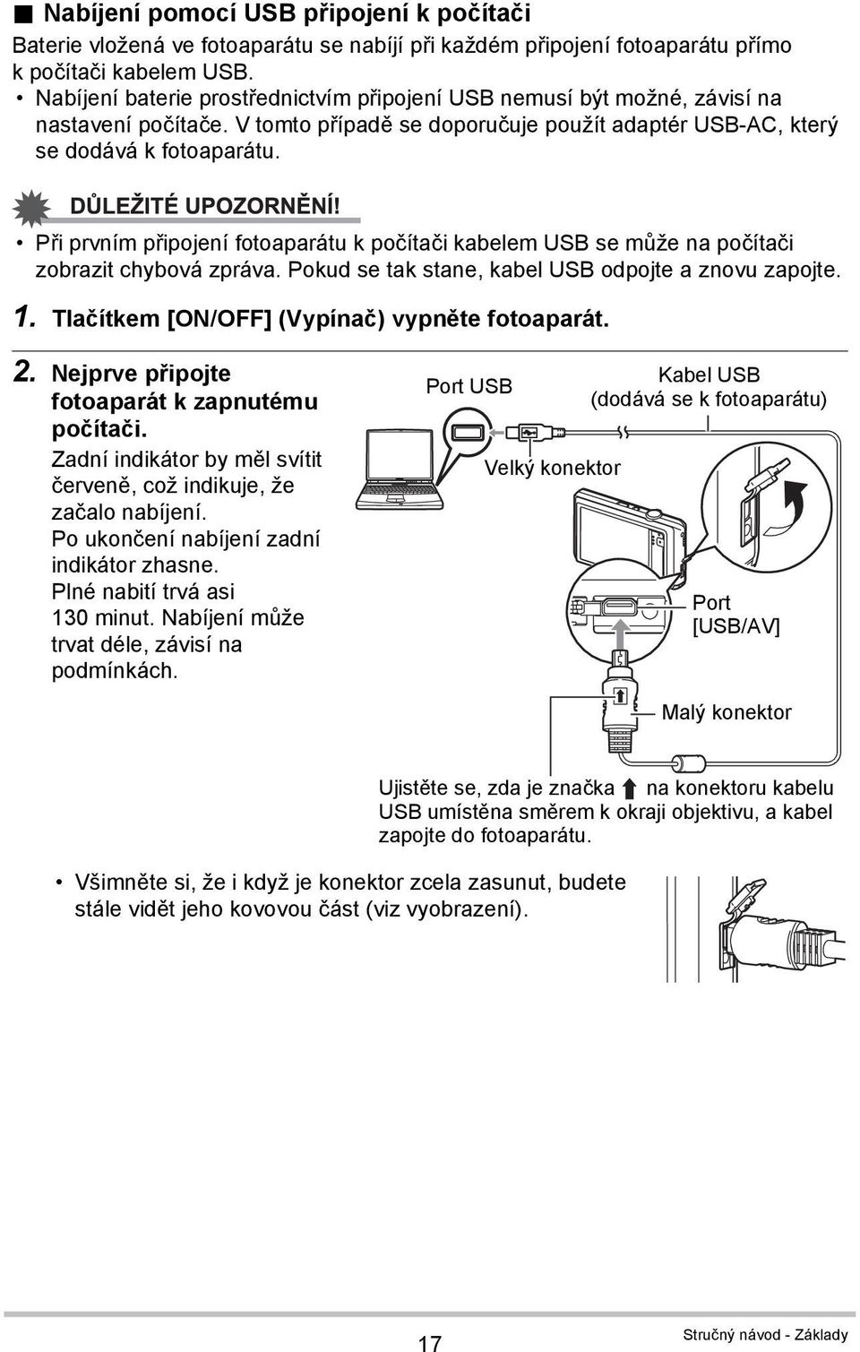 Při prvním připojení fotoaparátu k počítači kabelem USB se může na počítači zobrazit chybová zpráva. Pokud se tak stane, kabel USB odpojte a znovu zapojte. 1.