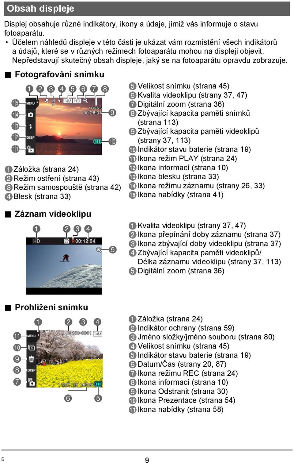 Nepředstavují skutečný obsah displeje, jaký se na fotoaparátu opravdu zobrazuje.