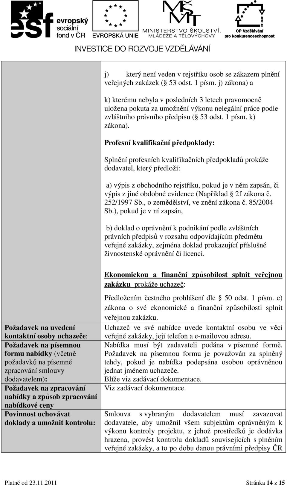 Profesní kvalifikační předpoklady: Splnění profesních kvalifikačních předpokladů prokáže dodavatel, který předloží: a) výpis z obchodního rejstříku, pokud je v něm zapsán, či výpis z jiné obdobné