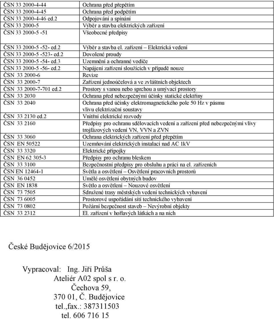 2 ČSN 33 2160 ČSN 33 3060 ČSN EN 50522 ČSN 33 3320 ČSN EN 62 305-3 ČSN 33 3100 ČSN EN 12464-1 ČSN 36 0452 ČSN EN 1838 ČSN 73 7505 ČSN 73 6005 ČSN 73 0802 ČSN 33 2312 Ochrana před přepětím Ochrana