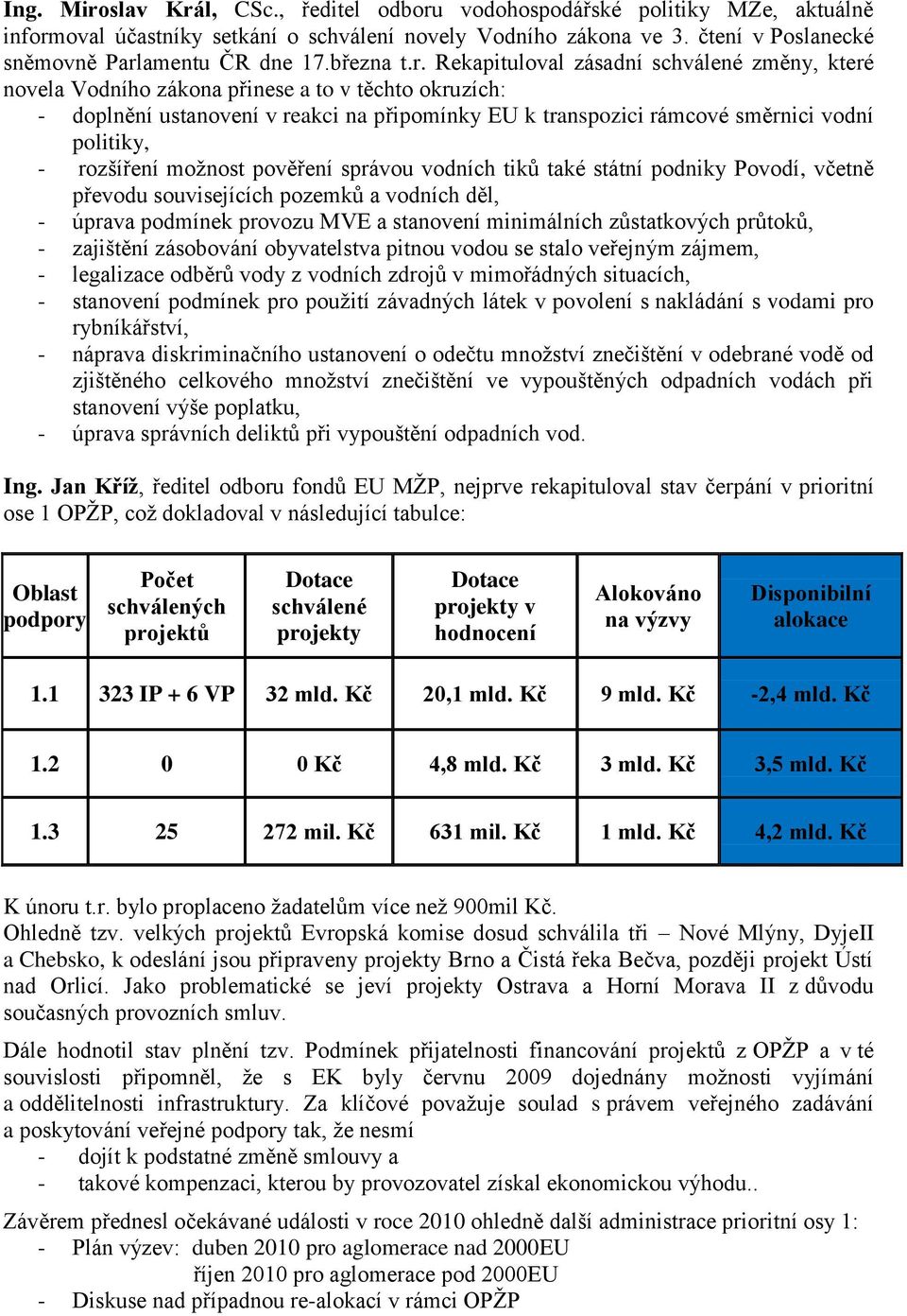 Rekapituloval zásadní schválené změny, které novela Vodního zákona přinese a to v těchto okruzích: - doplnění ustanovení v reakci na připomínky EU k transpozici rámcové směrnici vodní politiky, -