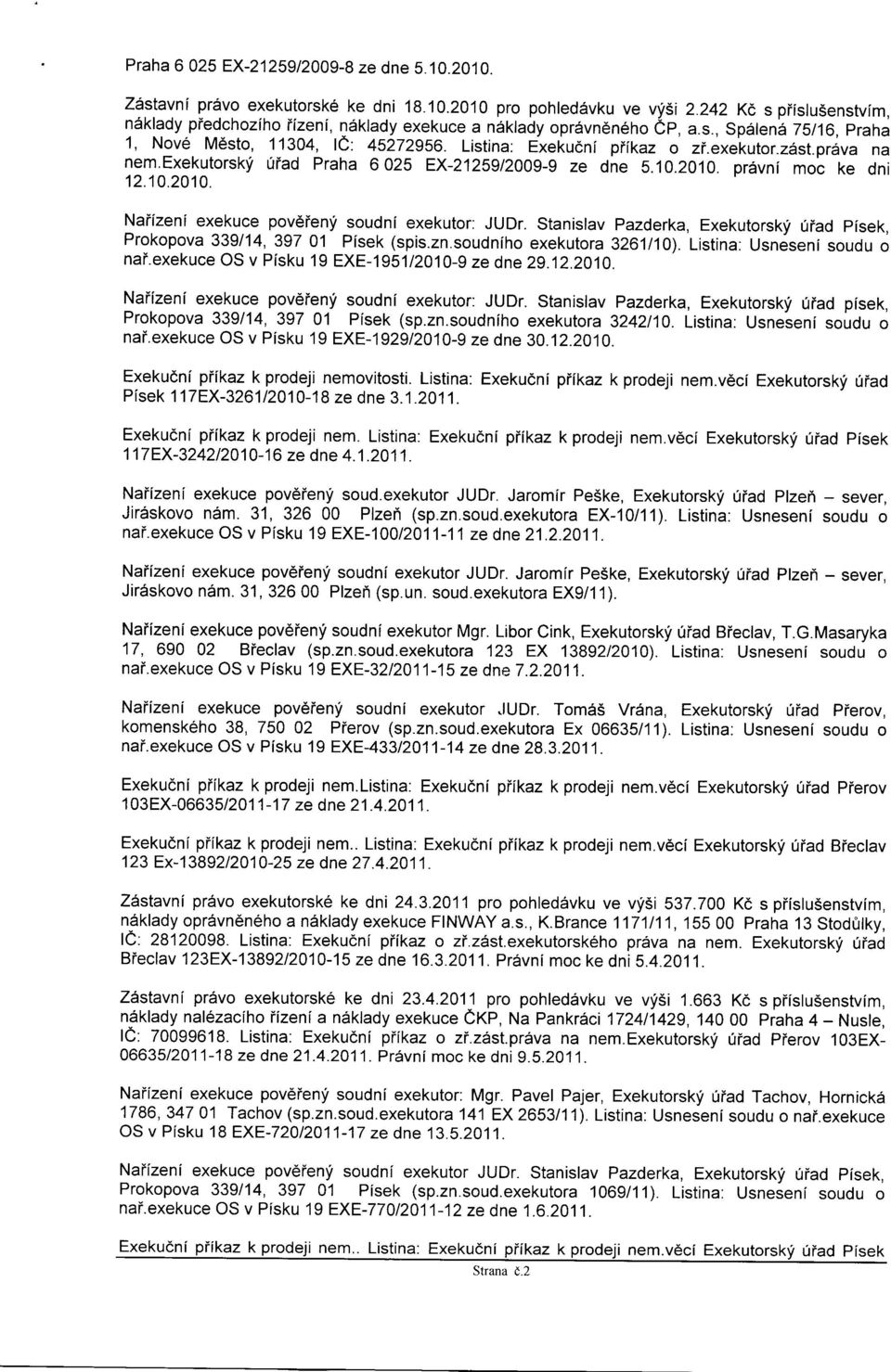 zdst.prdva na nemfxekutorskf 0iad Praha 6025 EX-2125912009-9 ze dne 5.10.2010. prdvni moc ke dni 12.10.2010. Naiizeni exekuce pov6ienf soudni exekutor. JUDr.