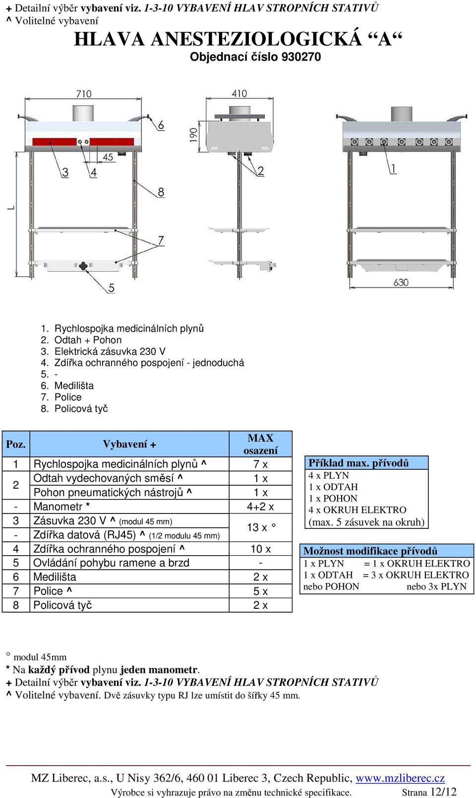 Vybavení + osazení 1 Rychlospojka medicinálních plynů ^ 7 x Odtah vydechovaných směsí ^ 1 x 2 Pohon pneumatických nástrojů ^ 1 x - Manometr * 4+2 x 3 Zásuvka 230 V ^ (modul 45 mm) 13 x - Zdířka