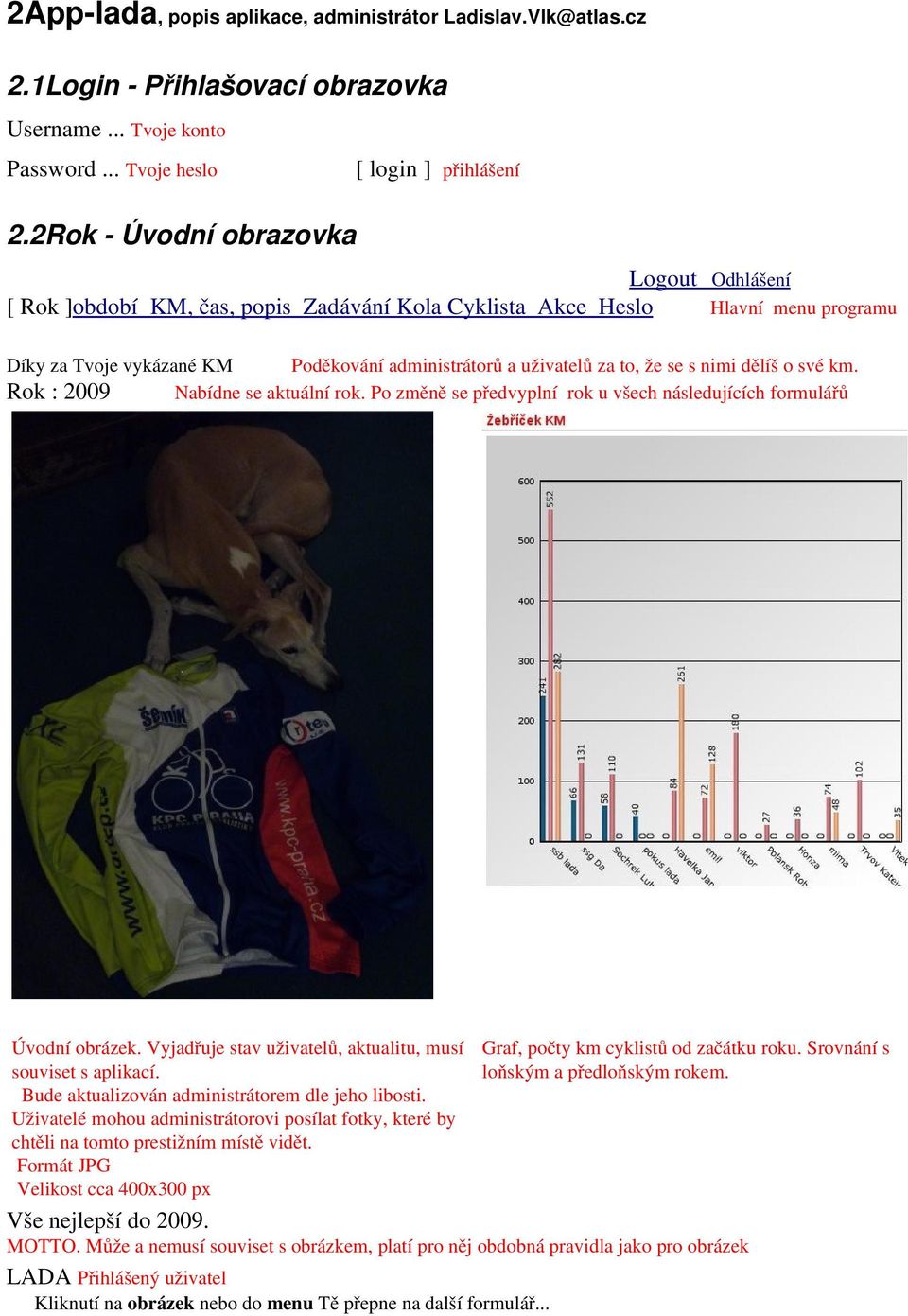 s nimi dělíš o své km. Rok : 2009 Nabídne se aktuální rok. Po změně se předvyplní rok u všech následujících formulářů Úvodní obrázek. Vyjadřuje stav uživatelů, aktualitu, musí souviset s aplikací.