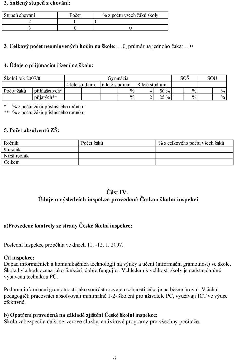 příslušného ročníku ** % z počtu žáků příslušného ročníku 5. Počet absolventů ZŠ: Ročník Počet žáků % z celkového počtu všech žáků 9.ročník Nižší ročník Celkem Část IV.