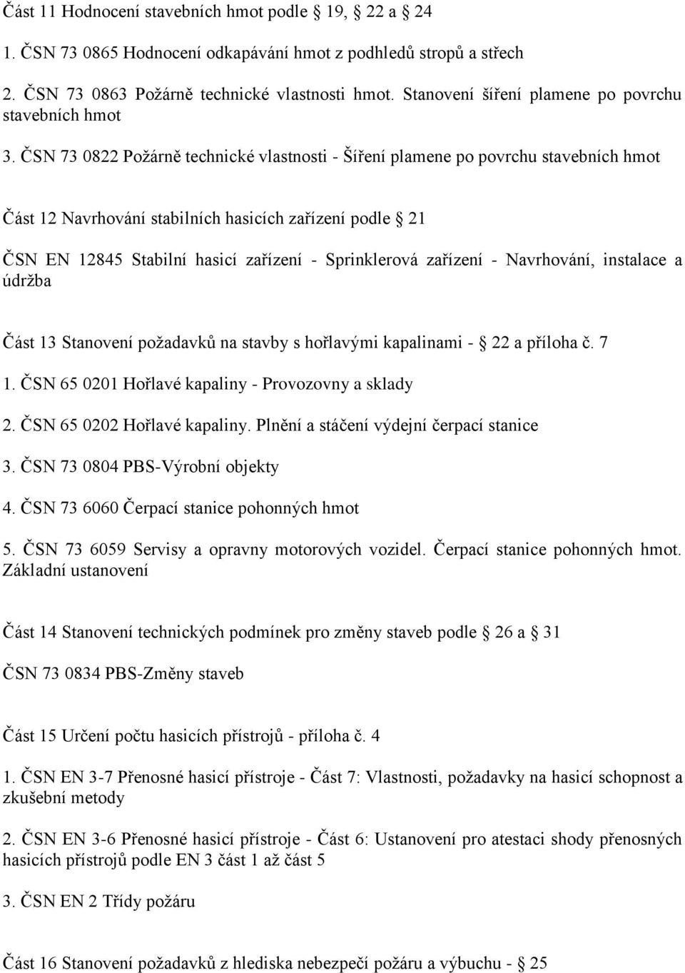 ČSN 73 0822 Požárně technické vlastnosti - Šíření plamene po povrchu stavebních hmot Část 12 Navrhování stabilních hasicích zařízení podle 21 ČSN EN 12845 Stabilní hasicí zařízení - Sprinklerová