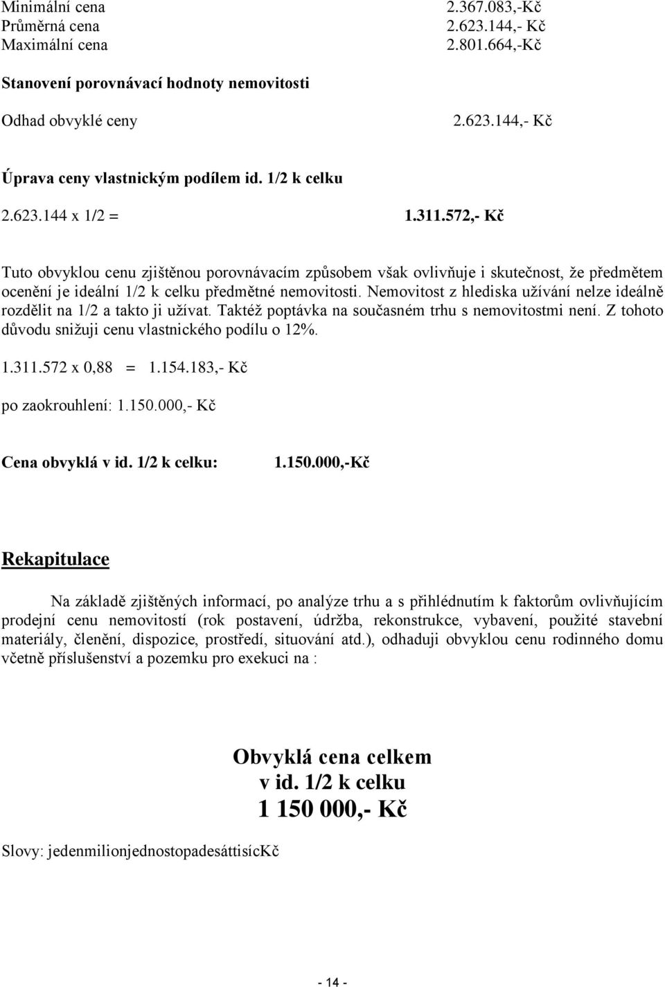 Nemovitost z hlediska užívání nelze ideálně rozdělit na 1/2 a takto ji užívat. Taktéž poptávka na současném trhu s nemovitostmi není. Z tohoto důvodu snižuji cenu vlastnického podílu o 12%. 1.311.