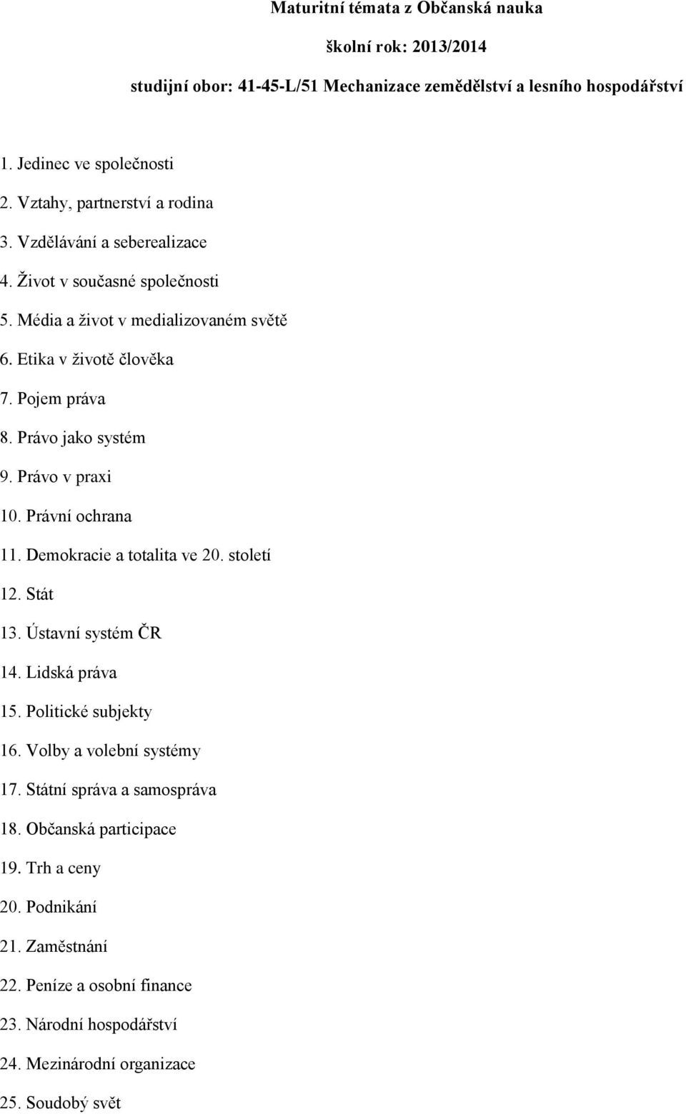 Demokracie a totalita ve 20. století 12. Stát 13. Ústavní systém ČR 14. Lidská práva 15. Politické subjekty 16. Volby a volební systémy 17.