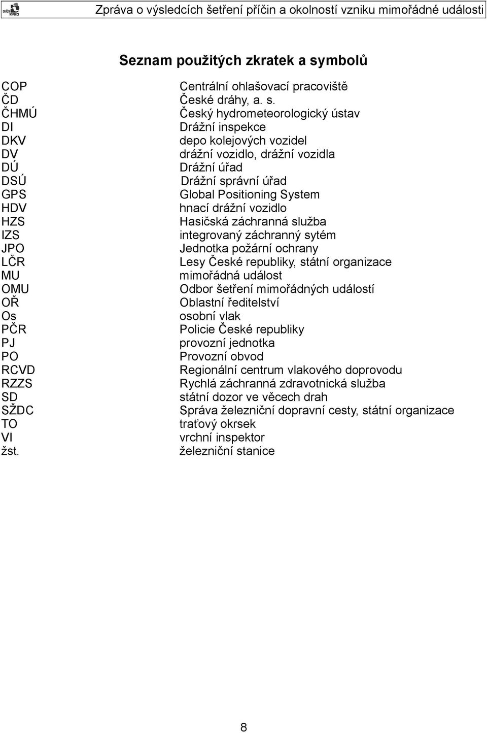 ČHMÚ Český hydrometeorologický ústav DI Drážní inspekce DKV depo kolejových vozidel DV drážní vozidlo, drážní vozidla DÚ Drážní úřad DSÚ Drážní správní úřad GPS Global Positioning System HDV hnací