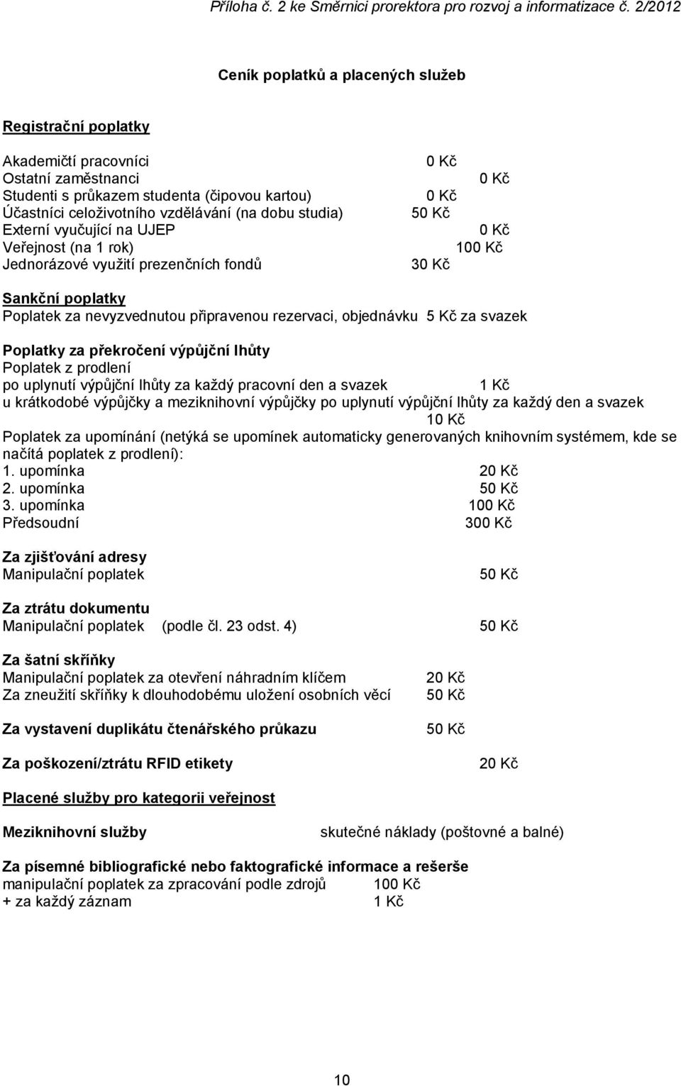 studia) Externí vyučující na UJEP Veřejnost (na 1 rok) Jednorázové využití prezenčních fondů 0 Kč 0 Kč 0 Kč 50 Kč 0 Kč 100 Kč 30 Kč Sankční poplatky Poplatek za nevyzvednutou připravenou rezervaci,