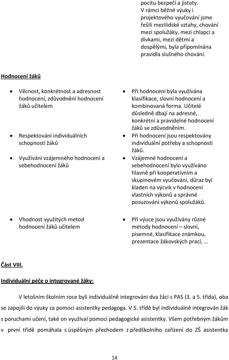 Hodnocení žáků Věcnost, konkrétnost a adresnost hodnocení, zdůvodnění hodnocení žáků učitelem Respektování individuálních schopností žáků Využívání vzájemného hodnocení a sebehodnocení žáků Při