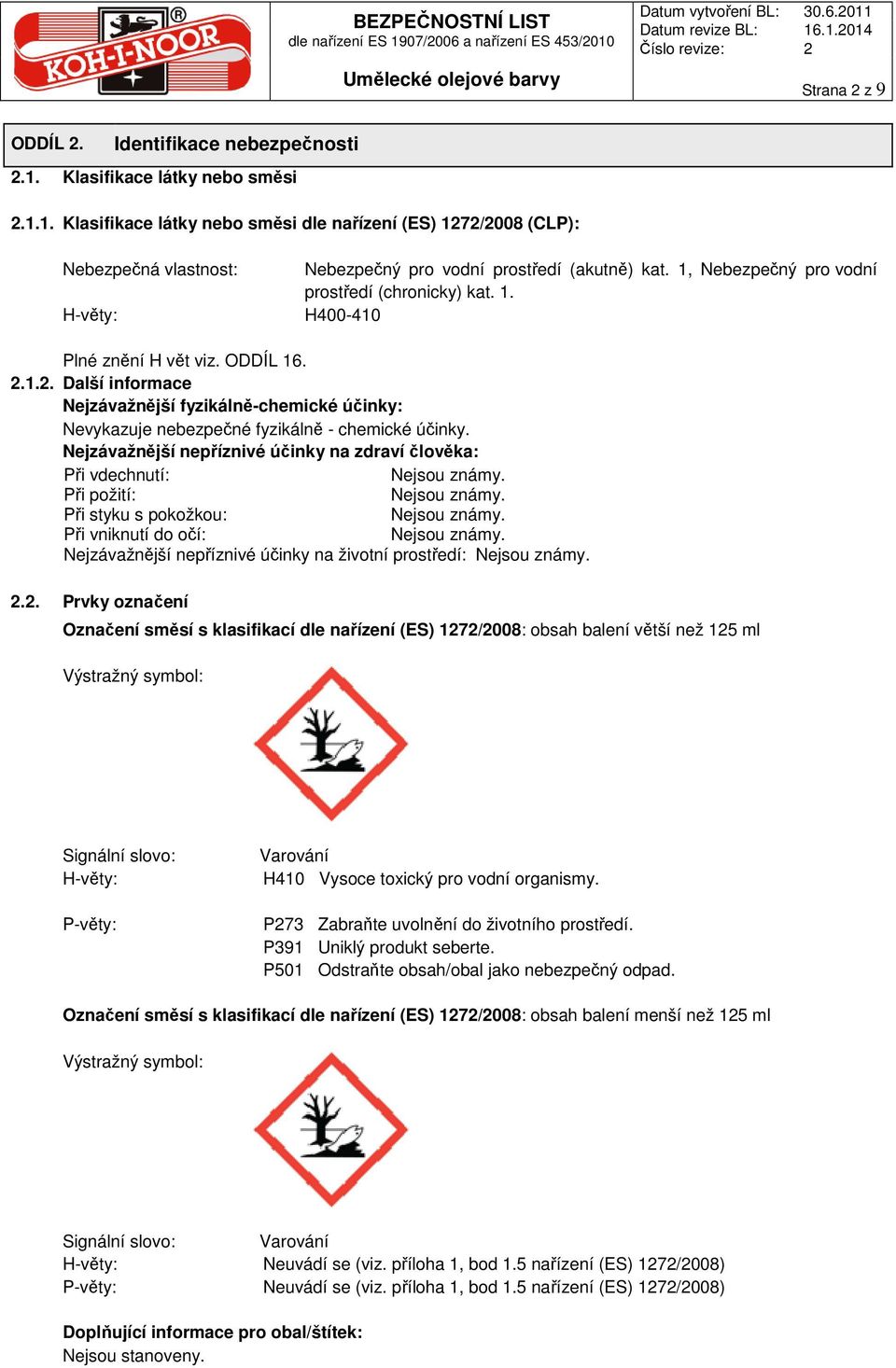 1.2. Další informace Nejzávažnější fyzikálně-chemické účinky: Nevykazuje nebezpečné fyzikálně - chemické účinky.