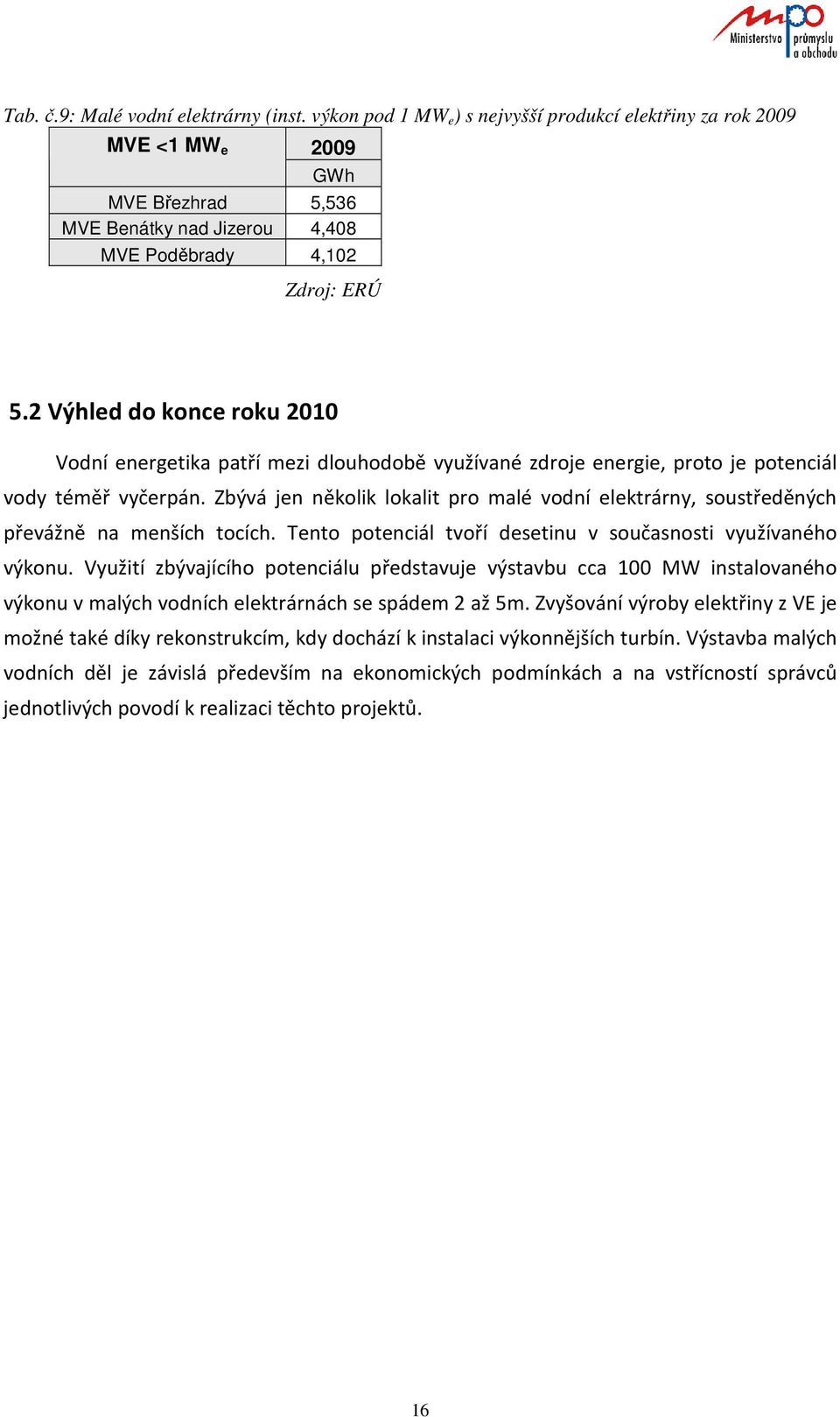 2 Výhled do konce roku 2010 Vodní energetika patří mezi dlouhodobě využívané zdroje energie, proto je potenciál vody téměř vyčerpán.