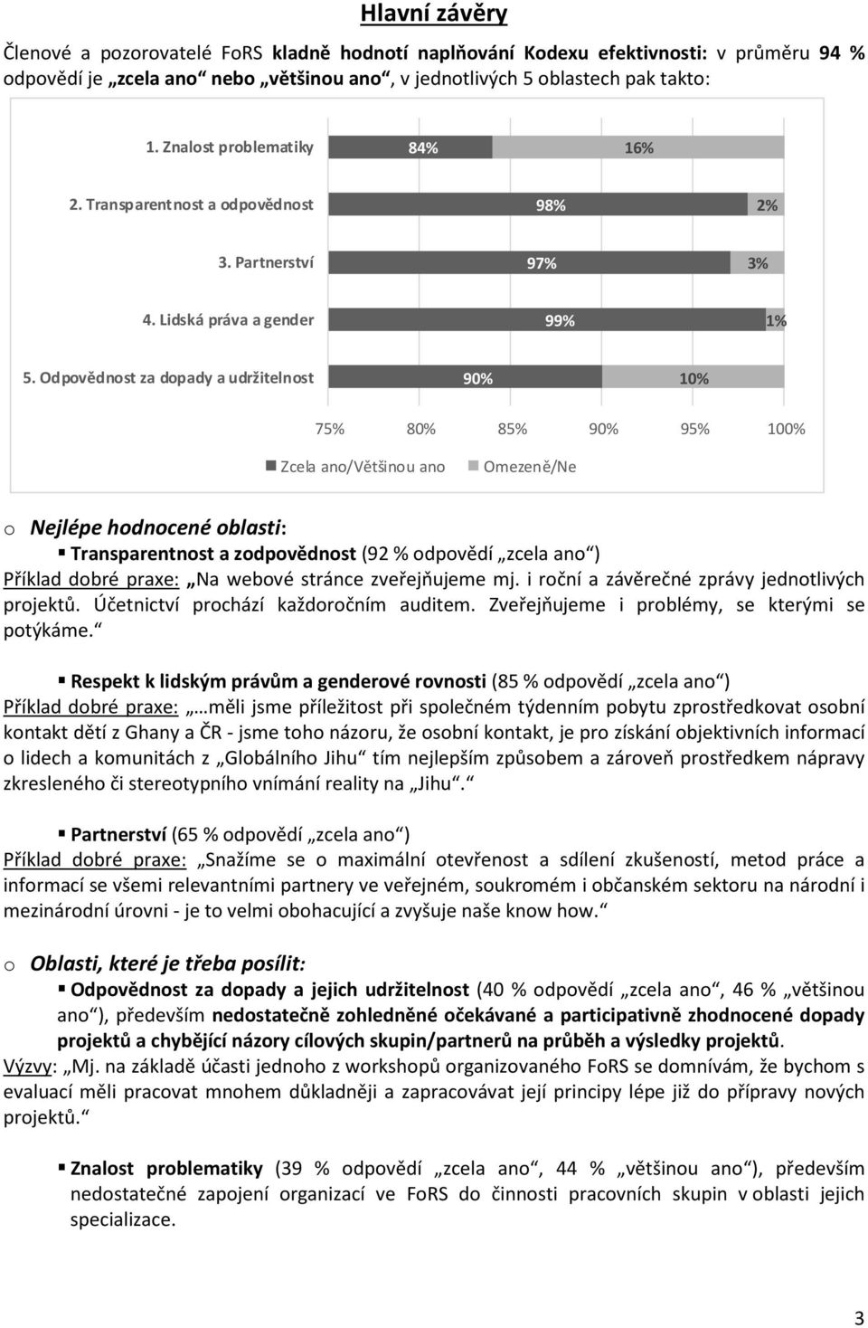 Odpovědnost za dopady a udržitelnost 90% 10% 75% 80% 85% 90% 95% 100% Zcela ano/většinou ano Omezeně/Ne o Nejlépe hodnocené oblasti: Transparentnost a zodpovědnost (92 % odpovědí zcela ano ) Příklad