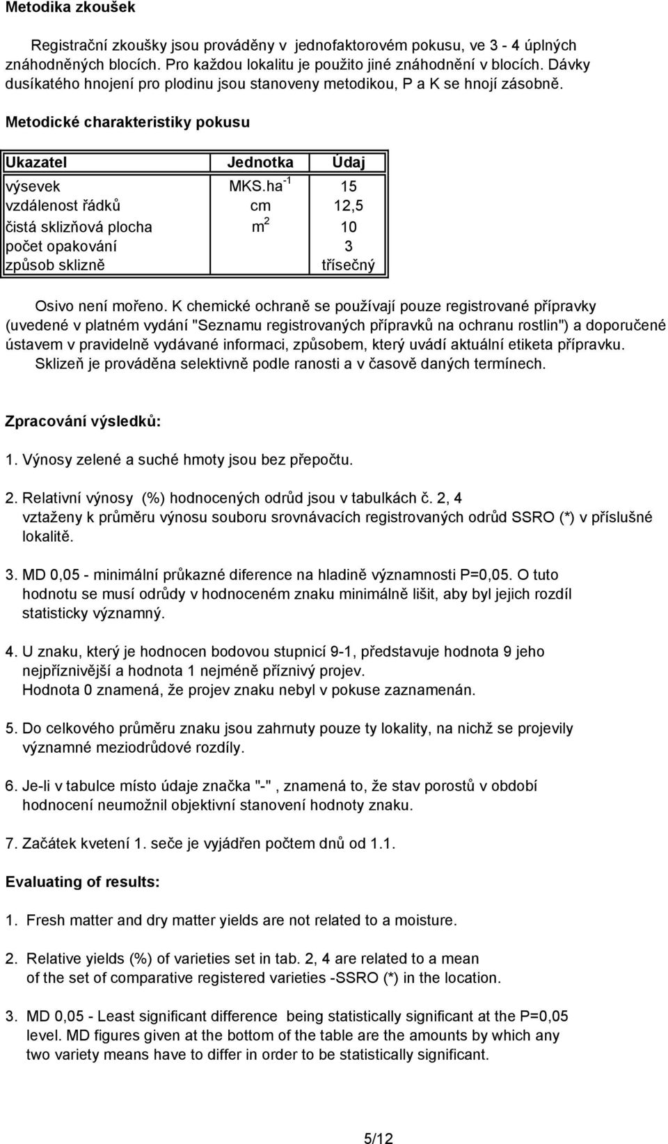 ha -1 15 vzdálenost řádků cm 12,5 čistá sklizňová plocha m 2 10 počet opakování 3 způsob sklizně třísečný Osivo není mořeno.