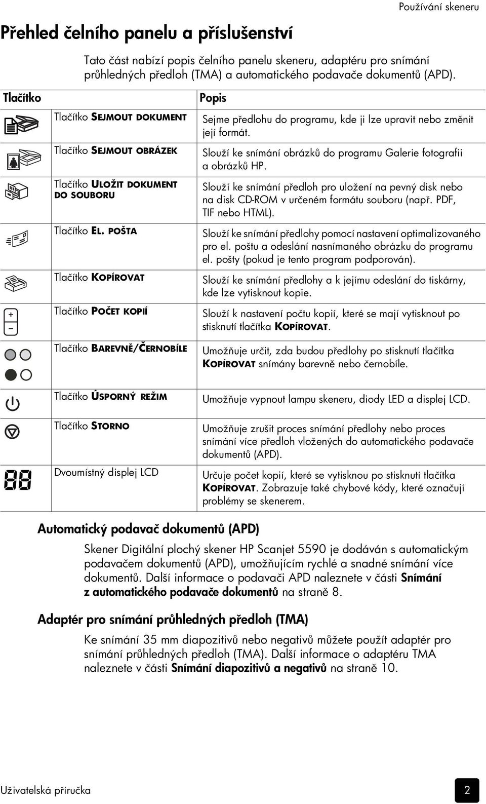 POŠTA Tlačítko KOPÍROVAT Tlačítko POČET KOPIÍ Tlačítko BAREVNĚ/ČERNOBÍLE Sejme předlohu do programu, kde ji lze upravit nebo změnit její formát.